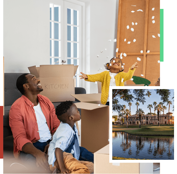 Happy family unpacking boxes in new home.
